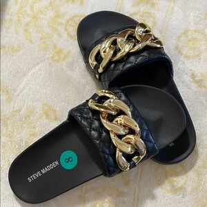 Steve Madden Quilted Black Slides with Gold Accent
